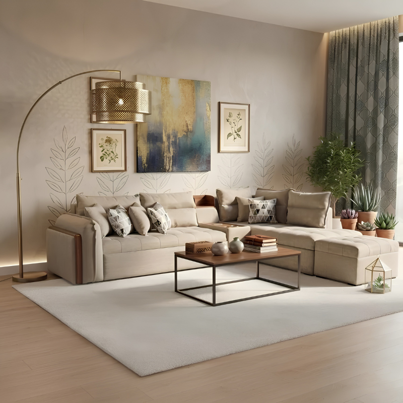 كنبة زاوية ركنية سيرافا تتحول إلى سرير مع بوف منفصل وقماش كتان بيج 300×200 سم - Home House