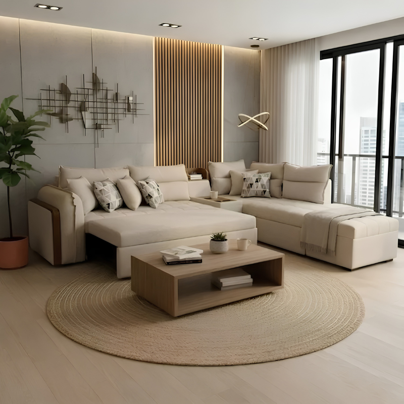 كنبة زاوية ركنية سيرافا تتحول إلى سرير مع بوف منفصل وقماش كتان بيج 300×200 سم - Home House