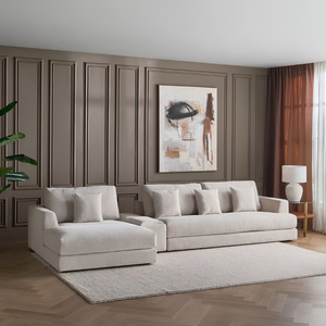 كنبة ركنية لافيرا مع شيزلونج وكونسول جانبي مدمج بتصميم مودرن وقماش أوف وايت 385 سم - Home House