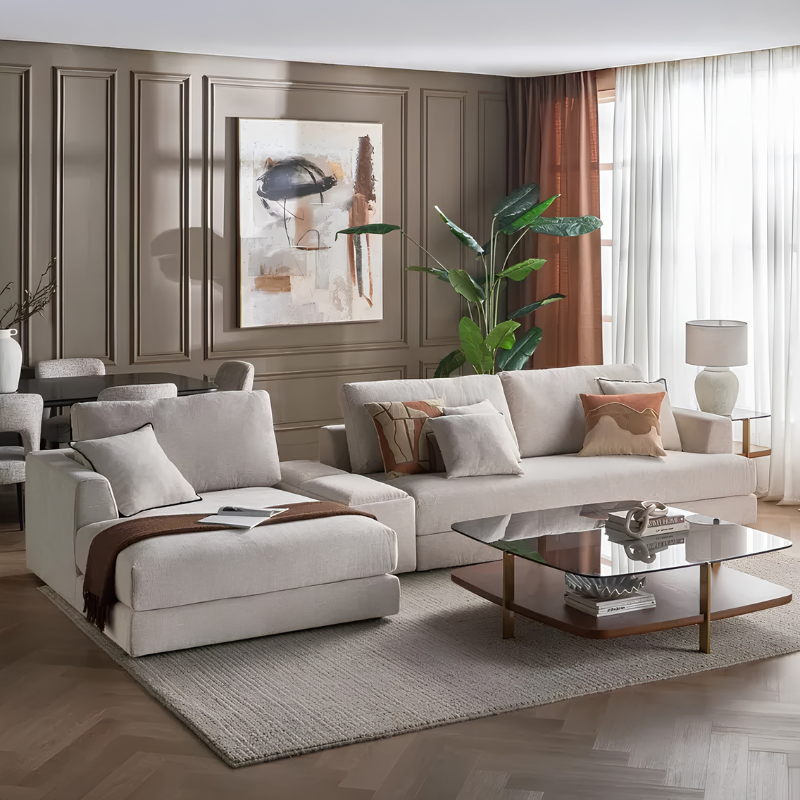 كنبة ركنية لافيرا مع شيزلونج وكونسول جانبي مدمج بتصميم مودرن وقماش أوف وايت 385 سم - Home House