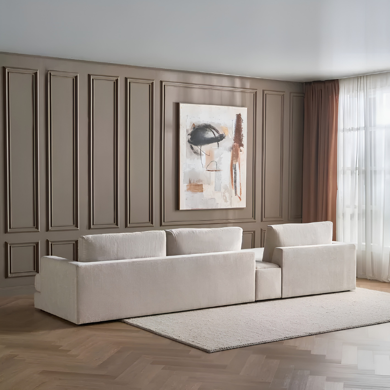 كنبة ركنية لافيرا مع شيزلونج وكونسول جانبي مدمج بتصميم مودرن وقماش أوف وايت 385 سم - Home House