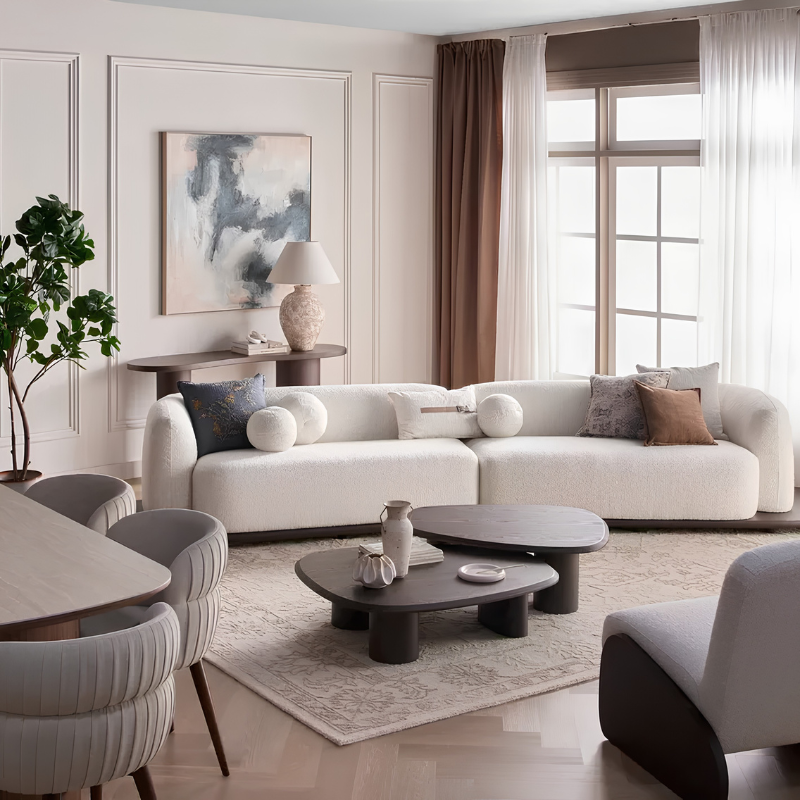 كنبة مستقيمة أوريڤا 4 مقاعد بتصميم منخفض وقماش بوكليه ناعم وقاعدة خشبية 440 سم - Home House