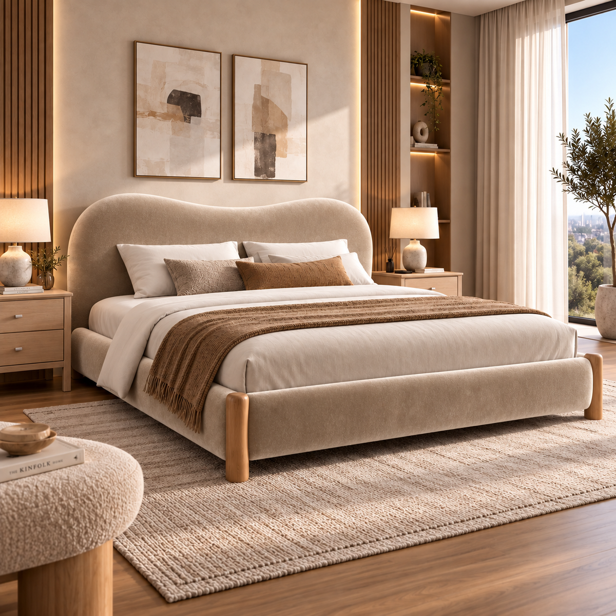 سرير أوريلا العصري بتصميم منحني وتنجيد بوكليه فاخر مع لمسات خشبية أنيقة - Home House