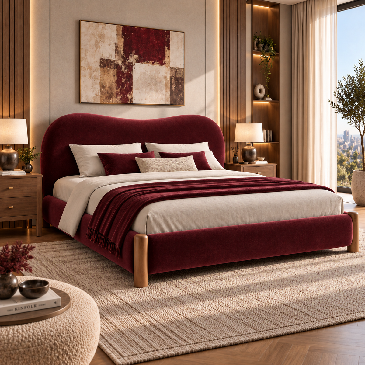 سرير أوريلا العصري بتصميم منحني وتنجيد بوكليه فاخر مع لمسات خشبية أنيقة - Home House