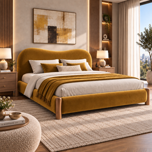 سرير أوريلا العصري بتصميم منحني وتنجيد بوكليه فاخر مع لمسات خشبية أنيقة - Home House