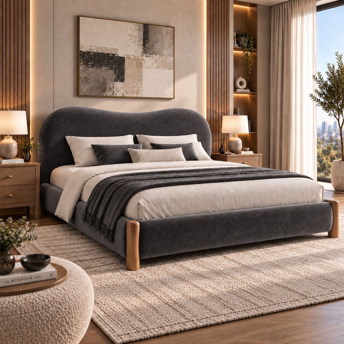 سرير أوريلا العصري بتصميم منحني وتنجيد بوكليه فاخر مع لمسات خشبية أنيقة - Home House