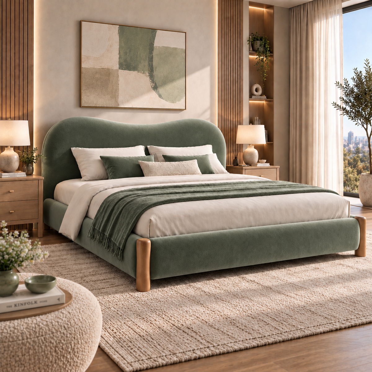 سرير أوريلا العصري بتصميم منحني وتنجيد بوكليه فاخر مع لمسات خشبية أنيقة