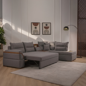 كنبة زاوية ركنية ريفانا تتحول إلى سرير مع بوف منفصل وقماش كتان رمادي 300×200 سم - Home House