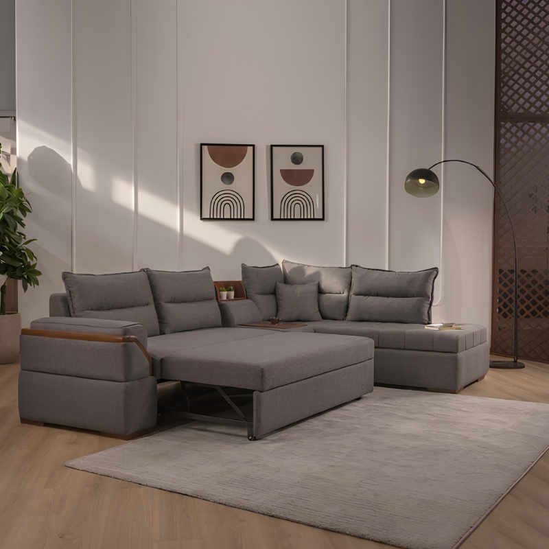 كنبة زاوية ركنية ريفانا تتحول إلى سرير مع بوف منفصل وقماش كتان رمادي 300×200 سم - Home House