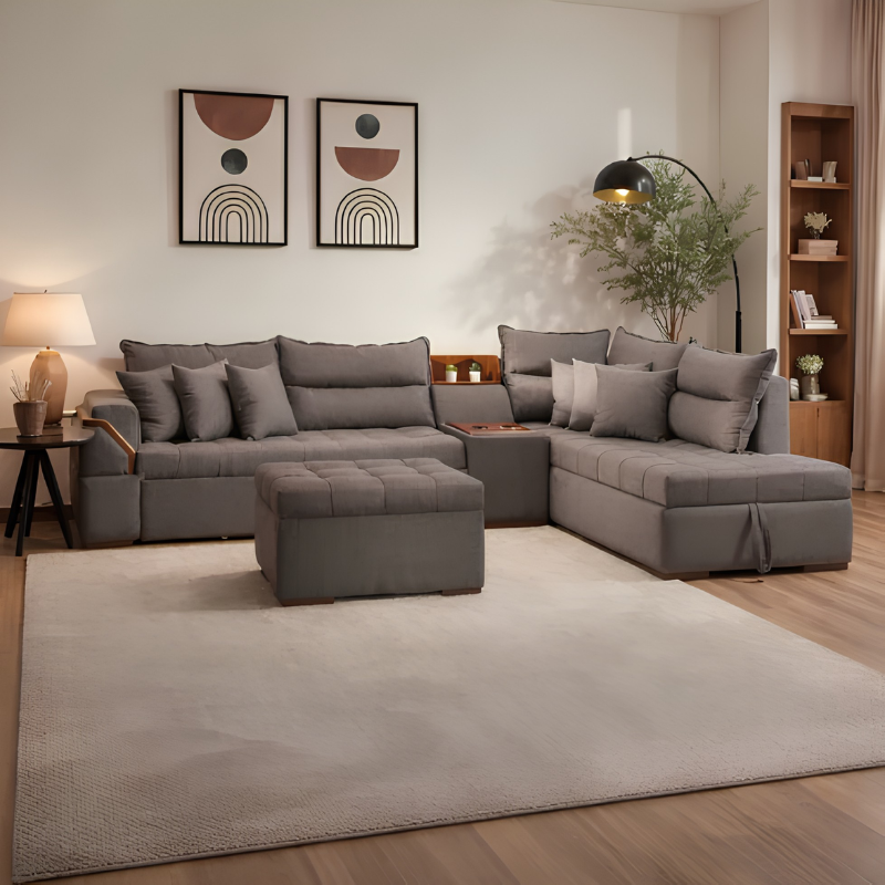 كنبة زاوية ركنية ريفانا تتحول إلى سرير مع بوف منفصل وقماش كتان رمادي 300×200 سم - Home House