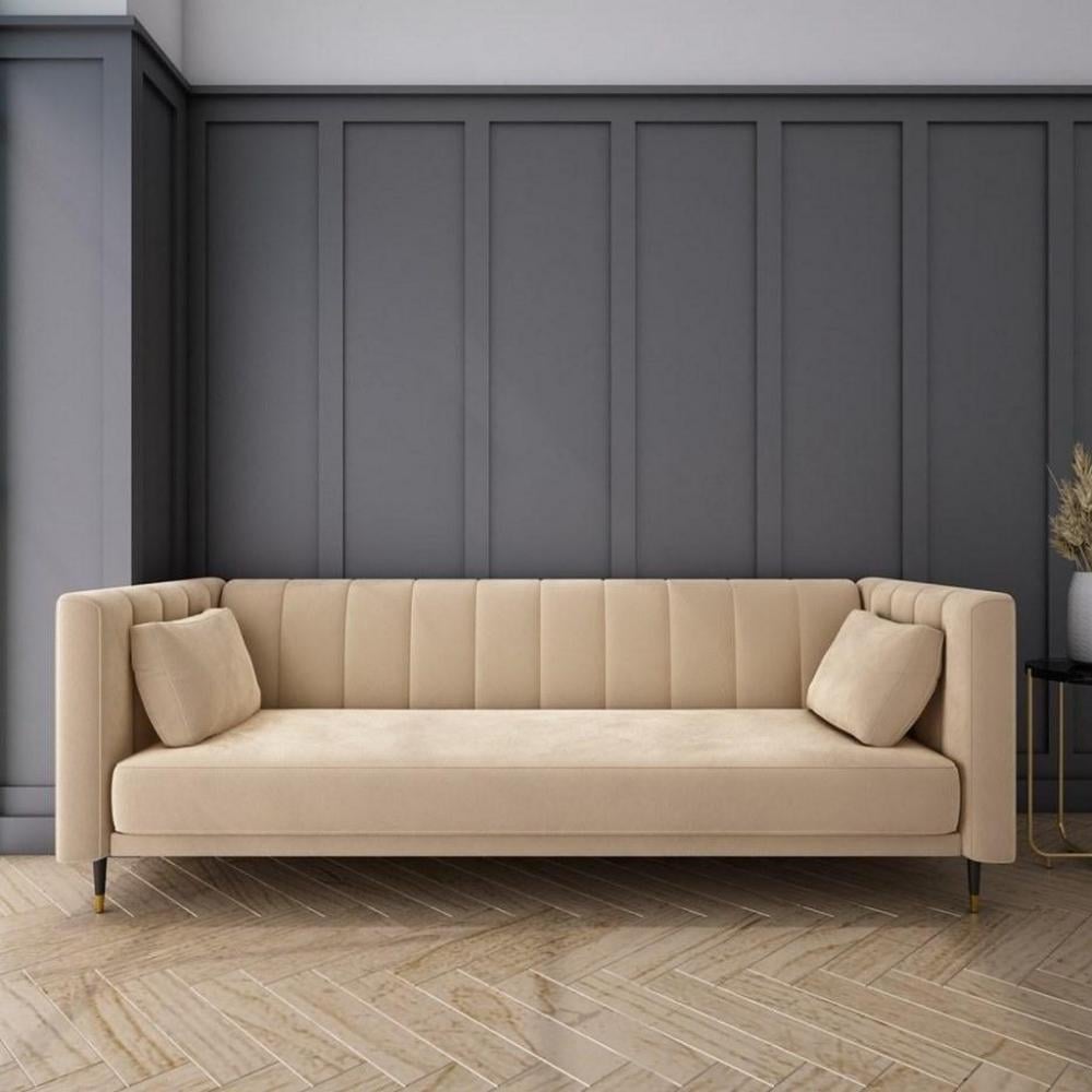 كنبة 3 مقاعد خشب سويدي و ام دي اف تايلاندي وكتان بيج - 220×80×80 سم