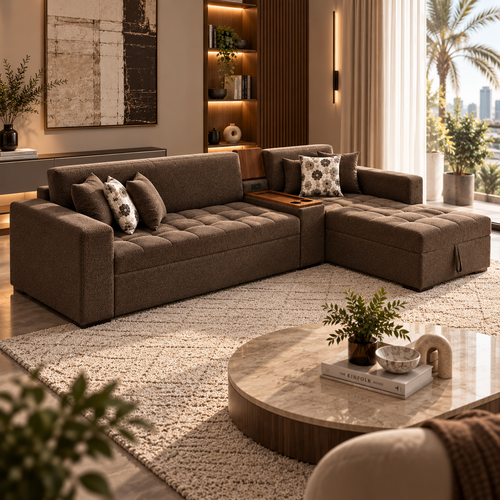 أريكة ركنية مودرن فاخرة بوحدة وسطية خشبية وجلسة واسعة بتصميم عصري متعدد الاستخدامات