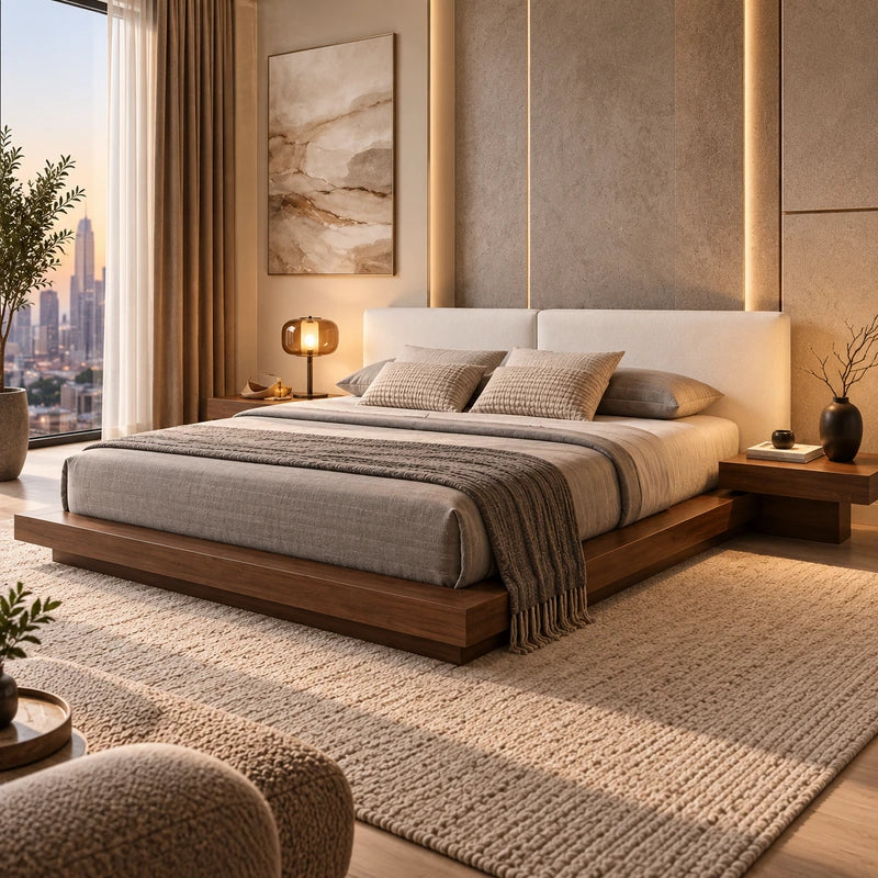 سرير مونترو رويال بخشب داكن وظهر مبطن مع كومدينات - Home House