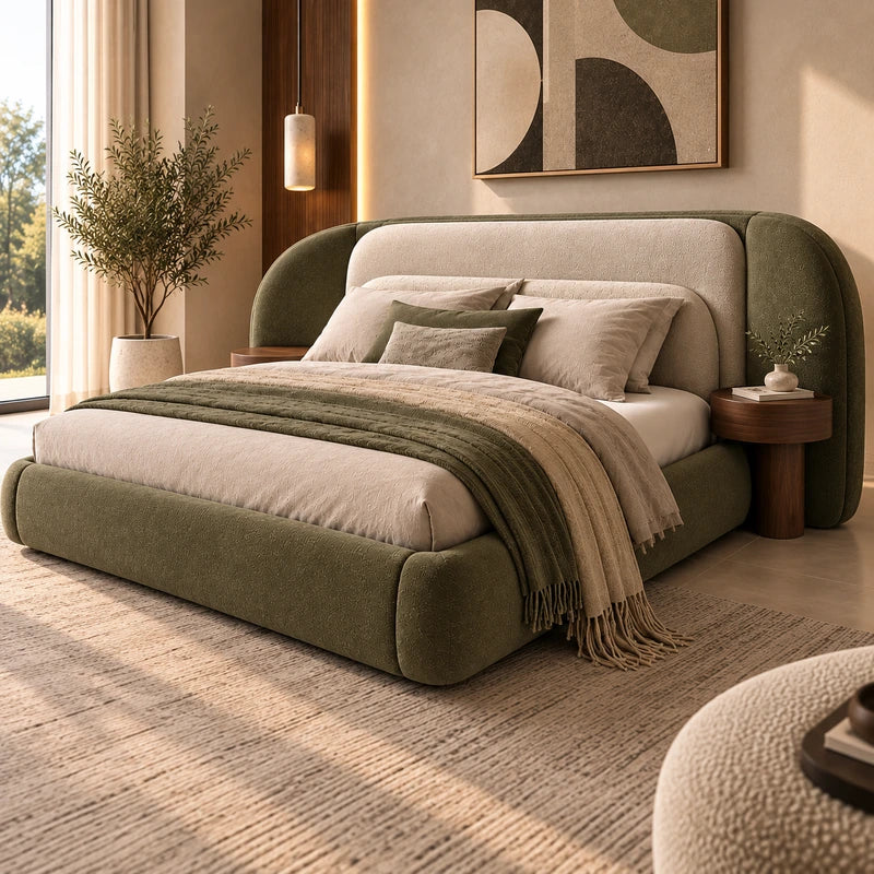 سرير فيرونا مودرن مبطن بتصميم منحني ثنائي اللون أوف وايت وزيتي مع ظهر عريض لغرف النوم - Home House