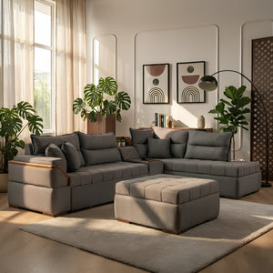 كنبة زاوية ركنية ريفانا تتحول إلى سرير مع بوف منفصل وقماش كتان رمادي 300×200 سم - Home House