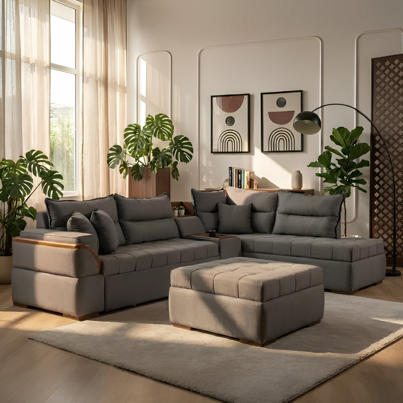 كنبة زاوية ركنية ريفانا تتحول إلى سرير مع بوف منفصل وقماش كتان رمادي 300×200 سم - Home House