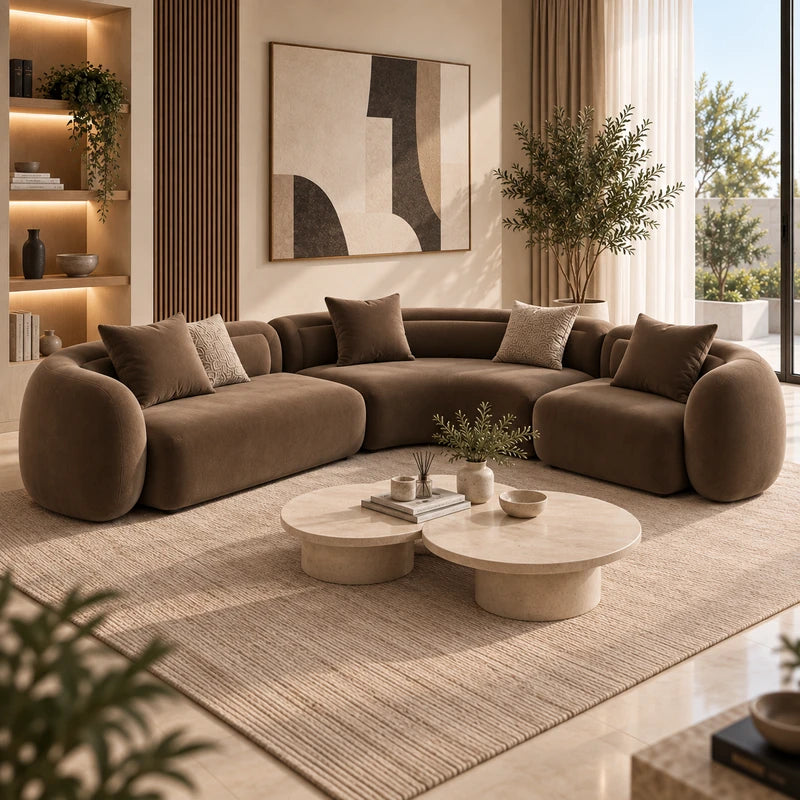 كنبة زاوية ركنية لوريفا بتصميم منحني مودرن ومخمل ناعم ومقاعد واسعة 381×349 سم - Home House