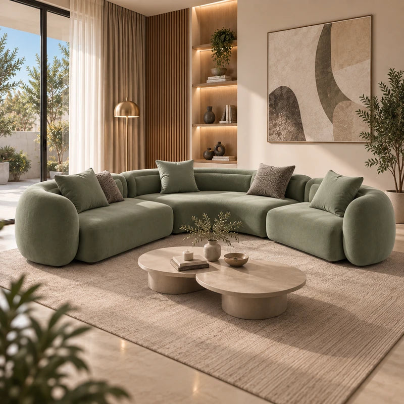 كنبة زاوية ركنية لوريفا بتصميم منحني مودرن ومخمل ناعم ومقاعد واسعة 381×349 سم - Home House