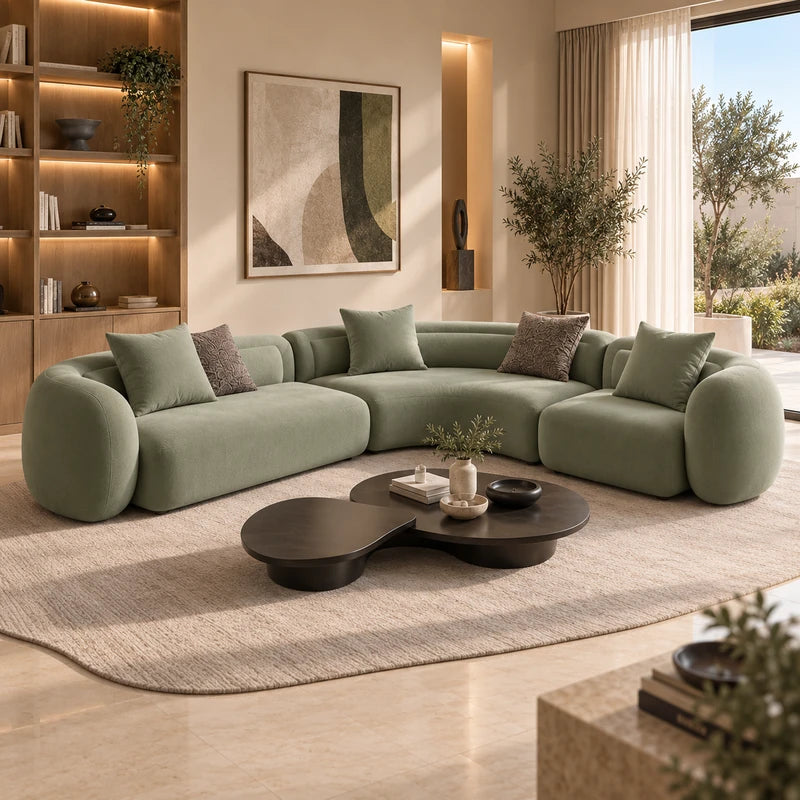 كنبة زاوية ركنية لوريفا بتصميم منحني مودرن ومخمل ناعم ومقاعد واسعة 381×349 سم - Home House