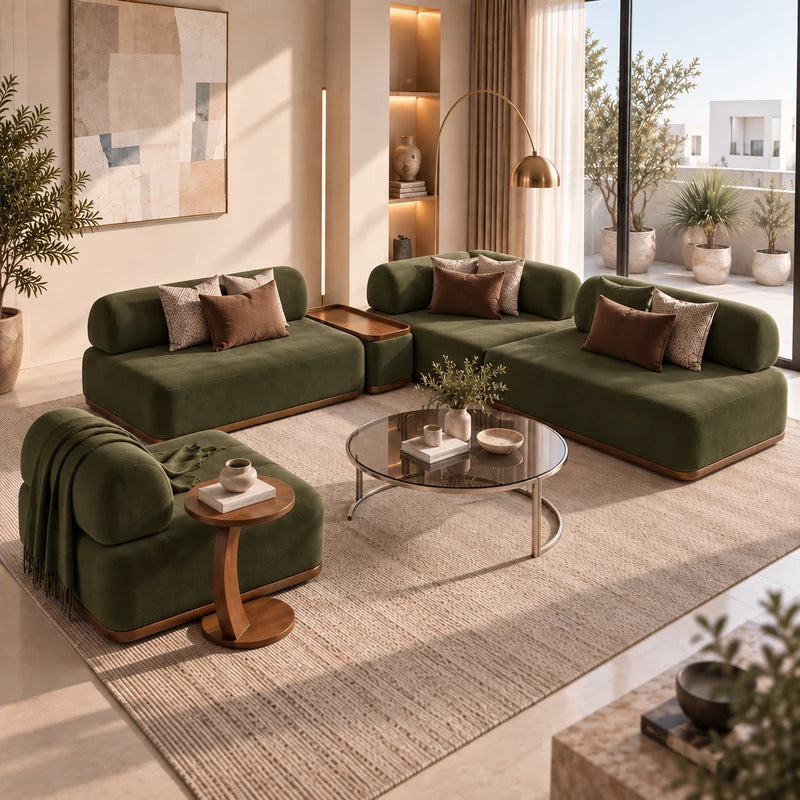 طقم كنب مودرن أريسان بالمخمل الناعم مع طاولة جانبية مدمجة وكرسي منفرد لغرف المعيشة والمجالس - Home House