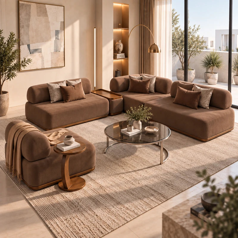 طقم كنب مودرن أريسان بالمخمل الناعم مع طاولة جانبية مدمجة وكرسي منفرد لغرف المعيشة والمجالس - Home House