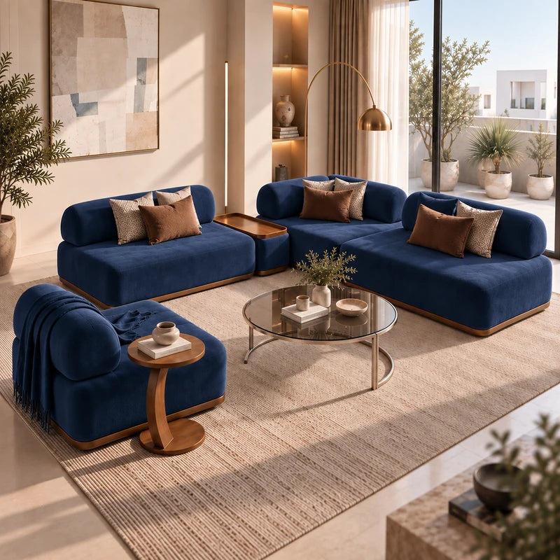 طقم كنب مودرن أريسان بالمخمل الناعم مع طاولة جانبية مدمجة وكرسي منفرد لغرف المعيشة والمجالس - Home House